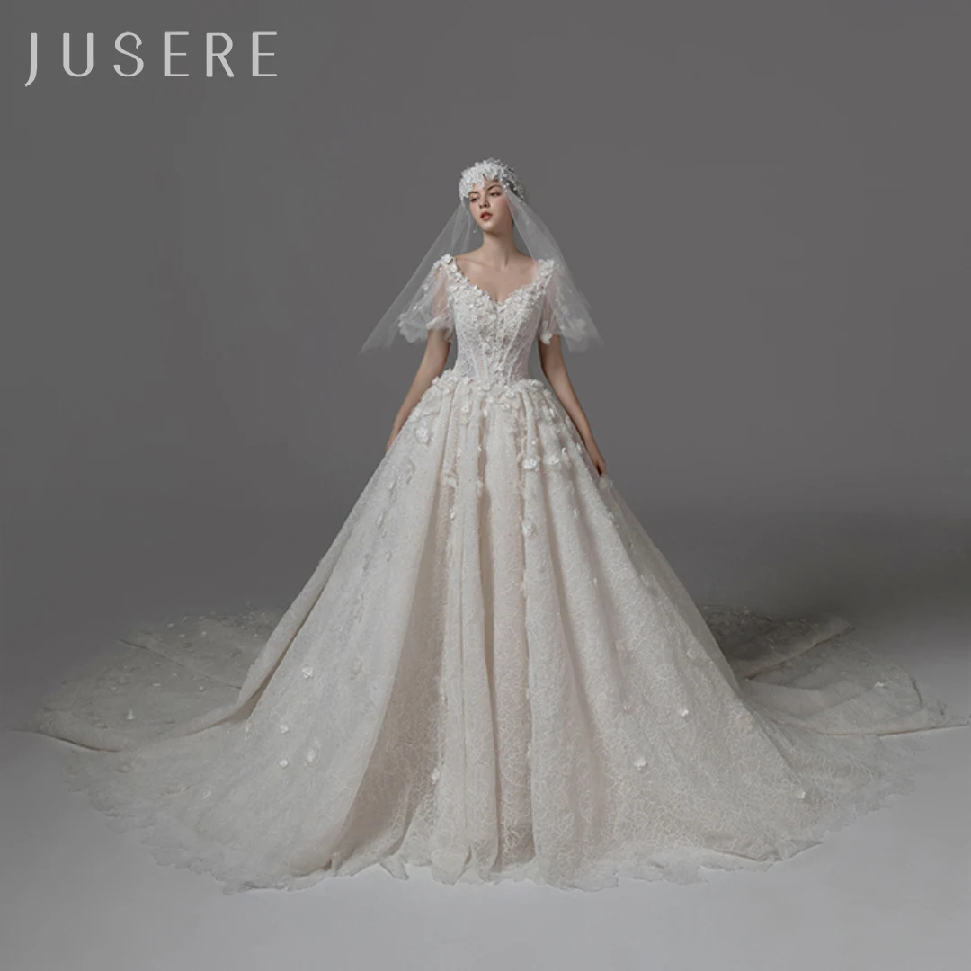 Jusere V-neck  ball gown  bridal dress wedding dress bridal gown puffy sleeves flower dress cathedral train