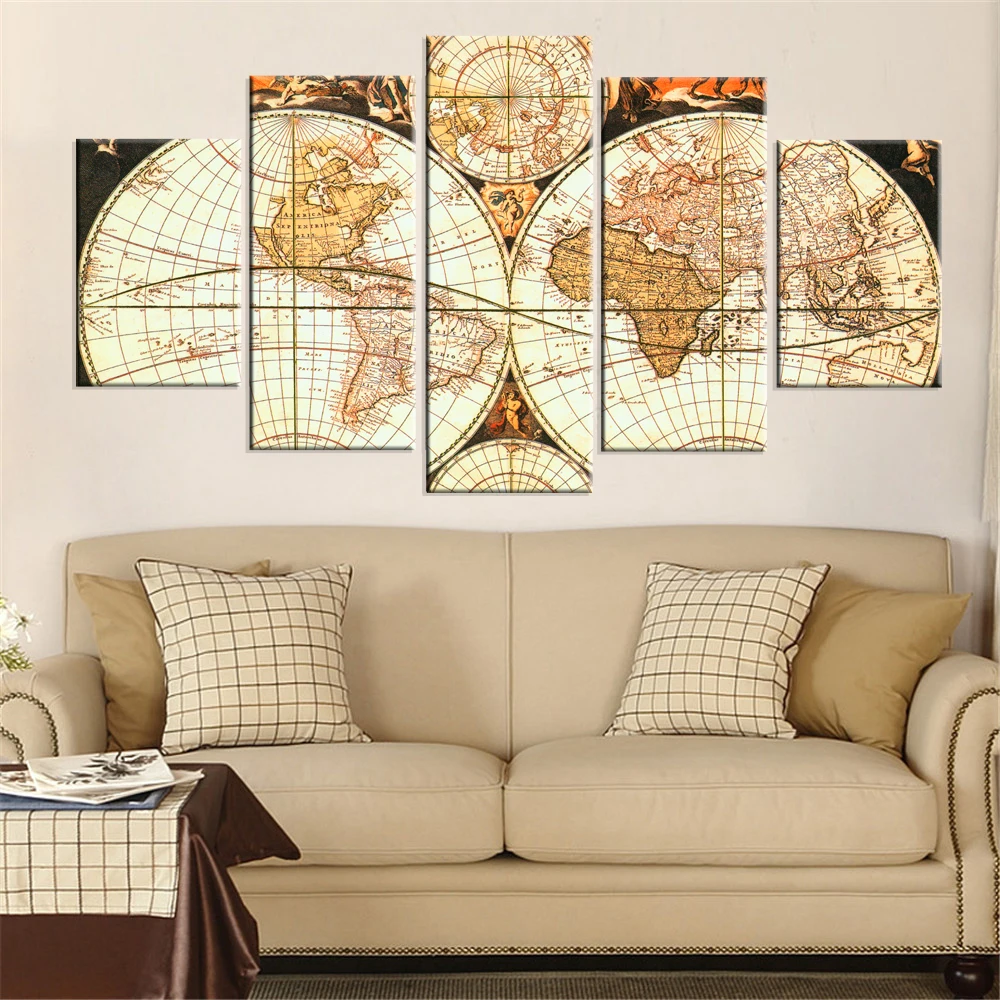 5 Pieces Wall Art Canvas Painting World Map Poster Modern Home Decoration Modular Living Room Bedroom Pictures Framework