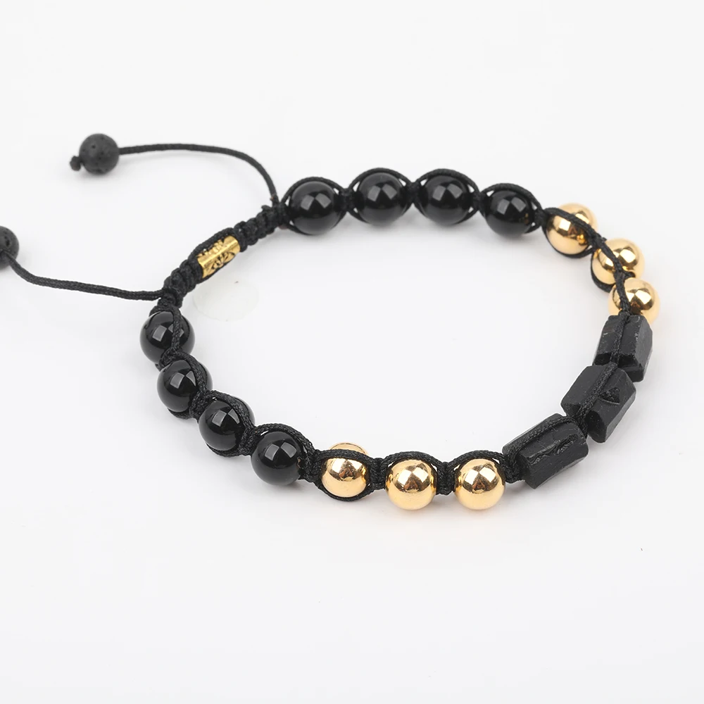 10Pcs/Lot Natural Black Tourmaline 8mm Black Agates Gold Copper Round Beads Cord Knotted Adjustable Bracelet Jewelry N0571JBH