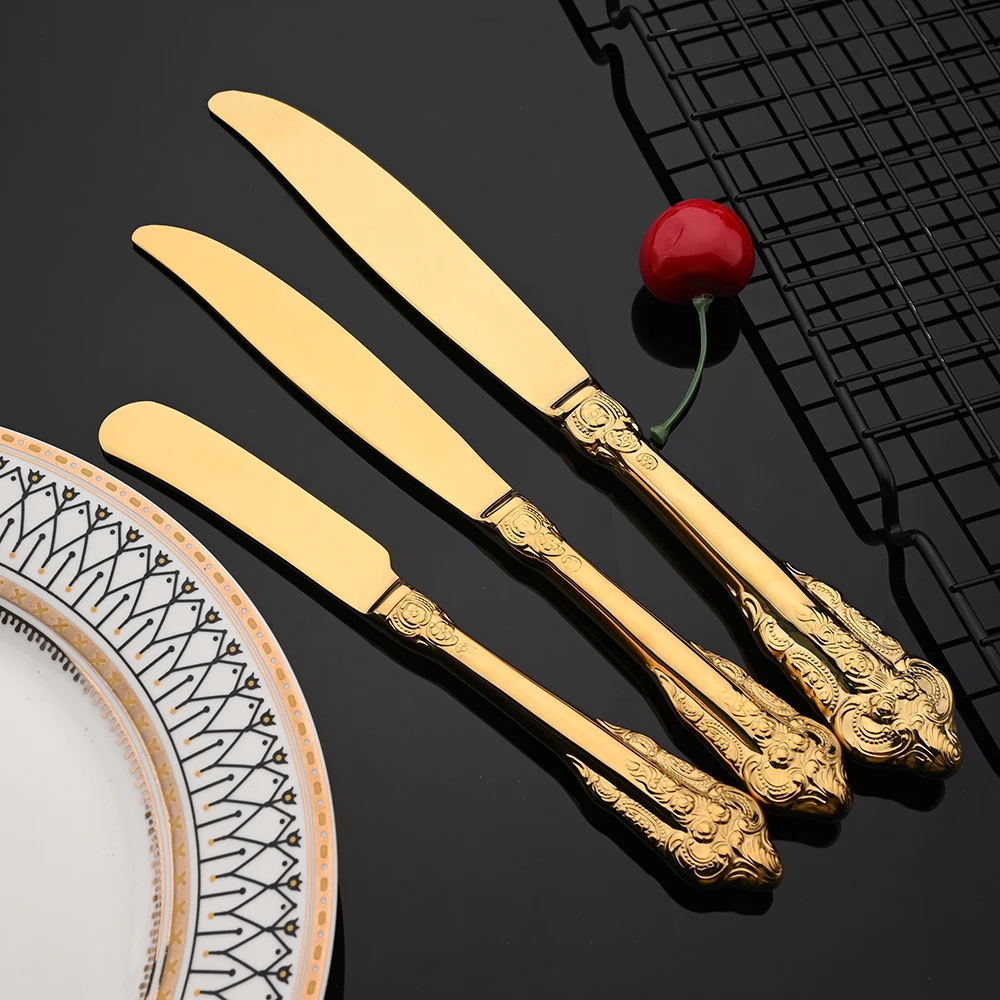 Vintage Western Gold Plated Cutlery Dining Knife Fruit Fork Teaspoon Butter Knife Set Luxury Dinnerware Engraving Tableware Set