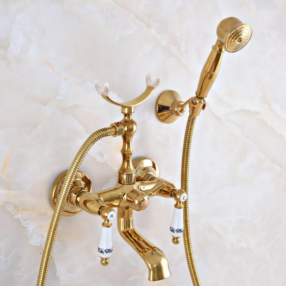 Luxury Gold Color Brass Wall Mounted Bathroom Bath Tub Faucet Set with 1500MM Hand Held Shower Spray Mixer Tap 2na905