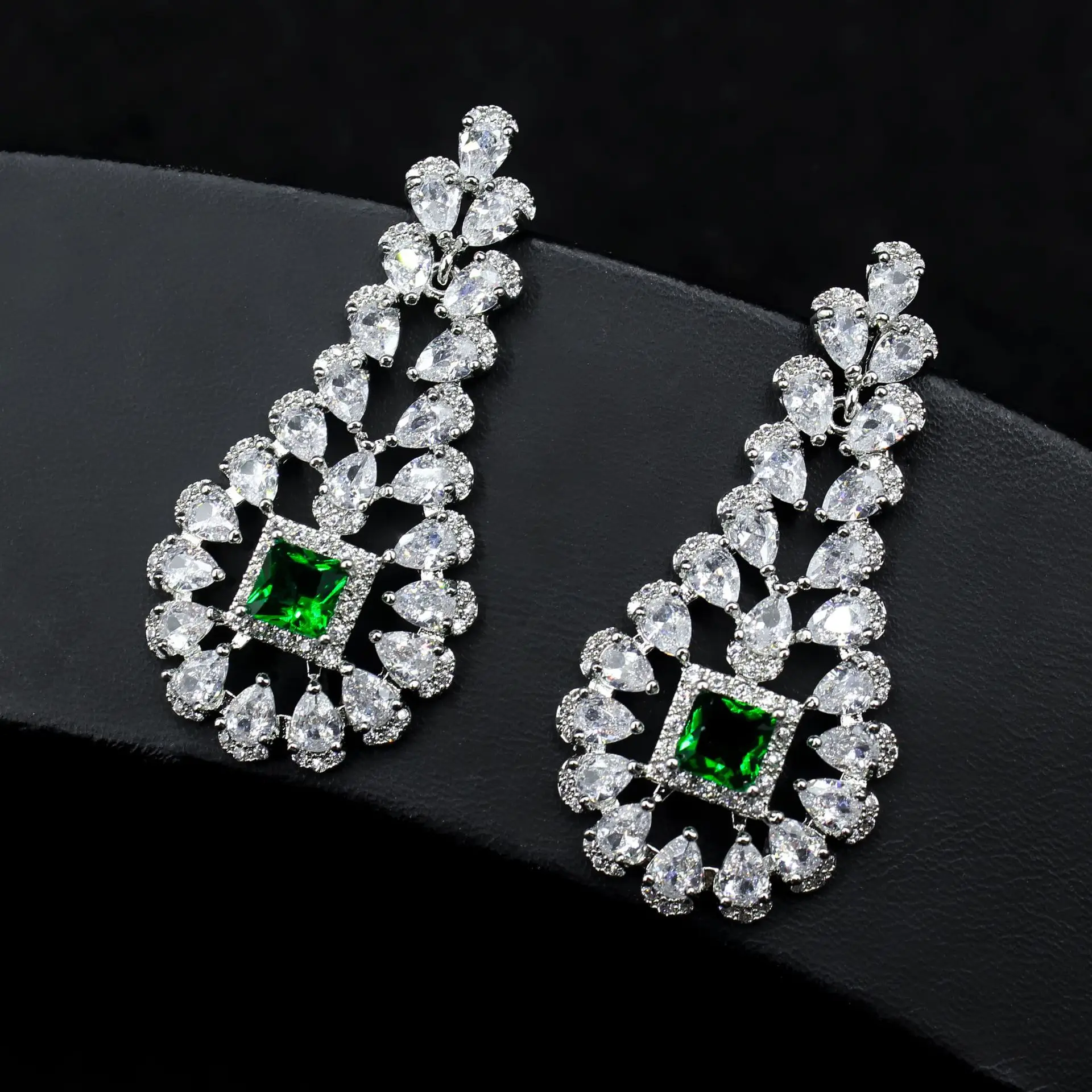 EYER Fashion New Products Clear and Green Dangles Long Earrings for Women Wedding Trendy Earrings Water Drop Zircon Party Gift