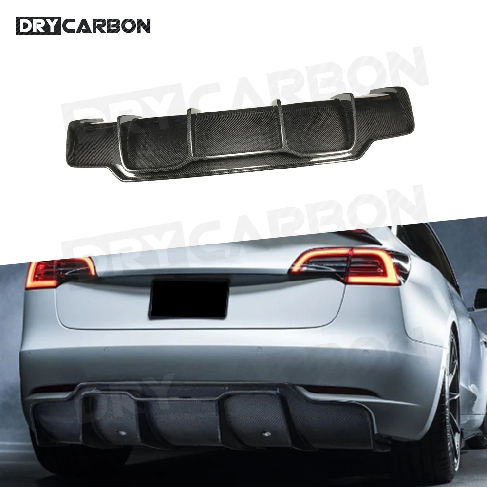 

Dry Carbon Rear Diffuser Lip Spoiler for Tesla Model 3 Sedan 2018 2019 2020 FRP Fins Shark Style Back Bumper Guard Car Styling