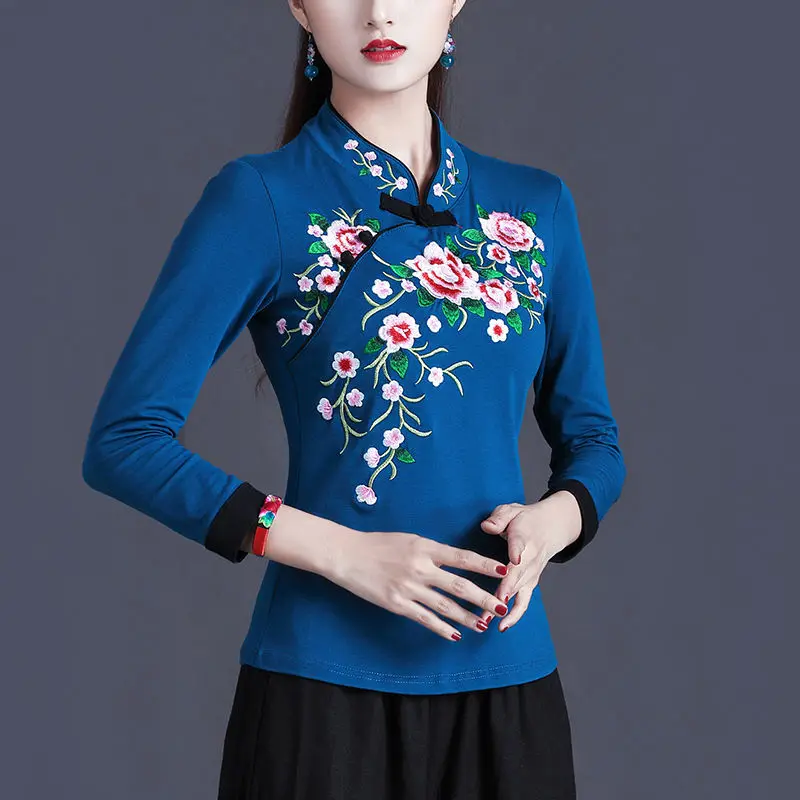 Cheongsam Women Plus Size Tops Winter Cotton Blend Embroidery Splicing Stand Collar Thickening Chinese Style Qipao Shirts Woman