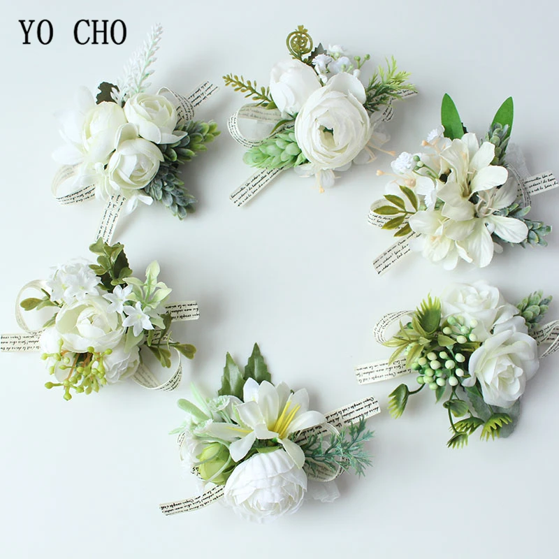 YO CHO Men Boutonniere Buttonhole Rose Brooch Bride Wedding Wrist Corsage Bracelet Groom Ceremony Flower Party Meeting Decor