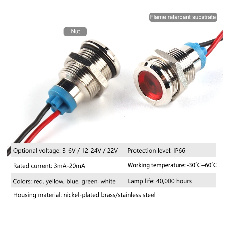 8 mm wasserdichte Metall-Kontrollleuchte, LED-Signallampe mit Draht, 3 V, 6 V, 12 V, 24 V, 110 V, 220 V, rot/gelb/blau/grün/weiß, Ausrüstung