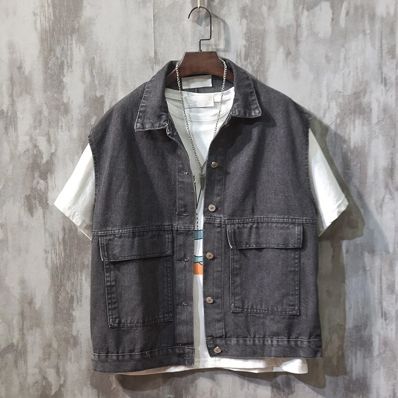 New Summer Denim Vest Mens Coat Korean Style Loose Sleeveless Single Breasted Turn-Down Collar Vest Jackets High Street