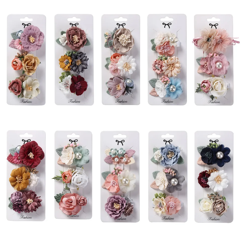 3 ピース/セット造花女の赤ちゃんヘアクリップパールシフォン新生児