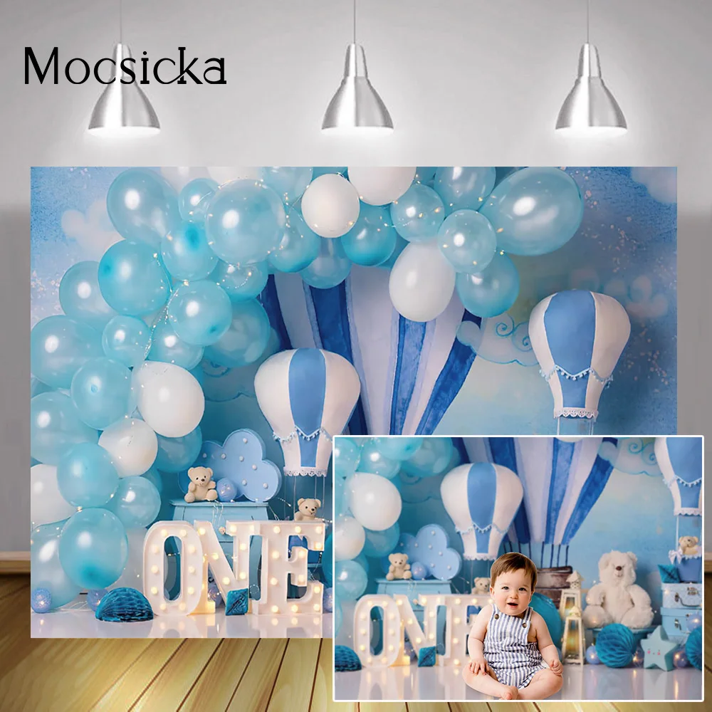 Newborn Boy Bear Portrait Backdrop Photo Studio Blue Balloons Hot Air Balloon Background One Birthday Cake Smash Photography