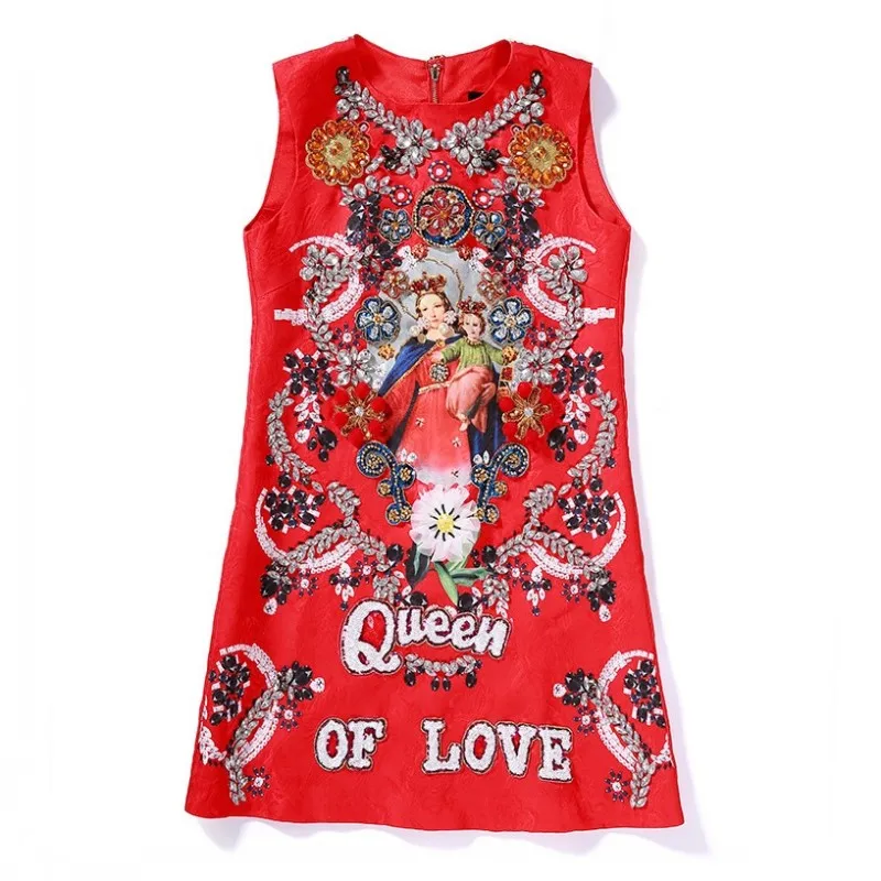 Brand Designer Women Summer Sleeveless Party Red Crystal Tank Dress Elegant Ladies Runway Vintage Printed Mini Sequin Dresses