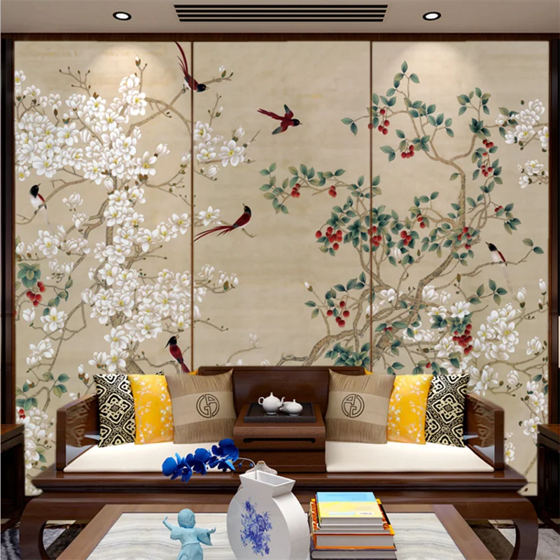 

wellyu Customized 3d wallpaper new Chinese magnolia flower bird mural living room hand-painted meticulous brushwork background