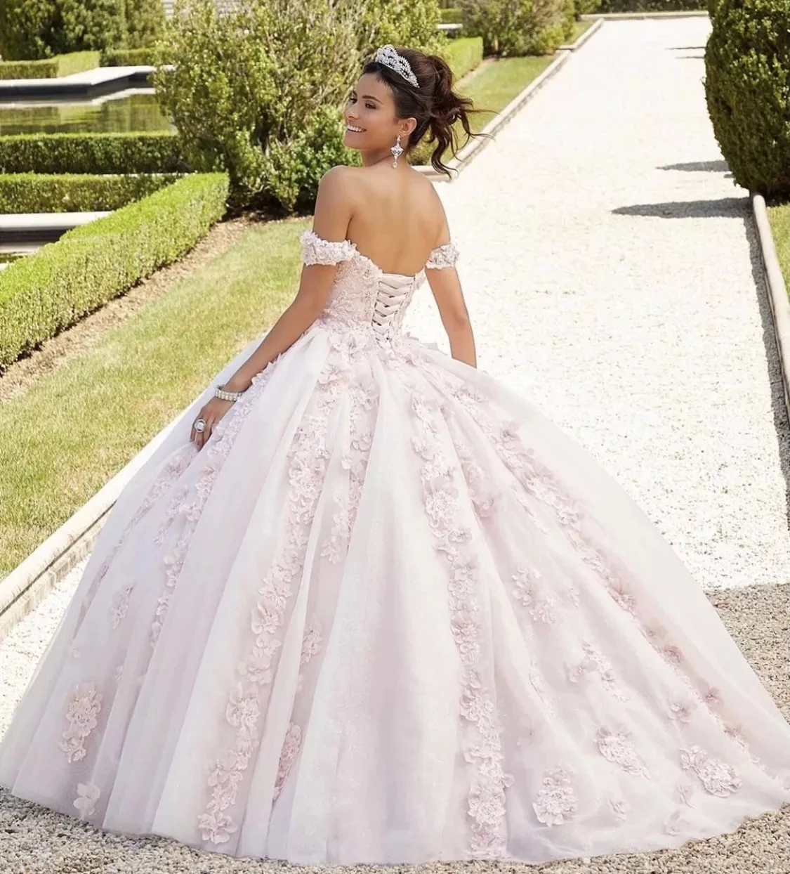 Vestido de quinceañera para mujer, vestido de baile sin hombros, apliques de tul con cuentas, 16 vestidos, HWF023