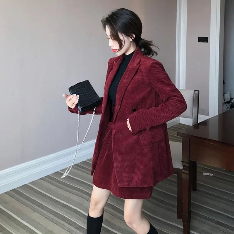 Womens Spring Wine Red Corduroy Blazer Set Fashion Office Lady Skirt Two Piece Set Double Breasted Suit Jacket Loose Pants Set