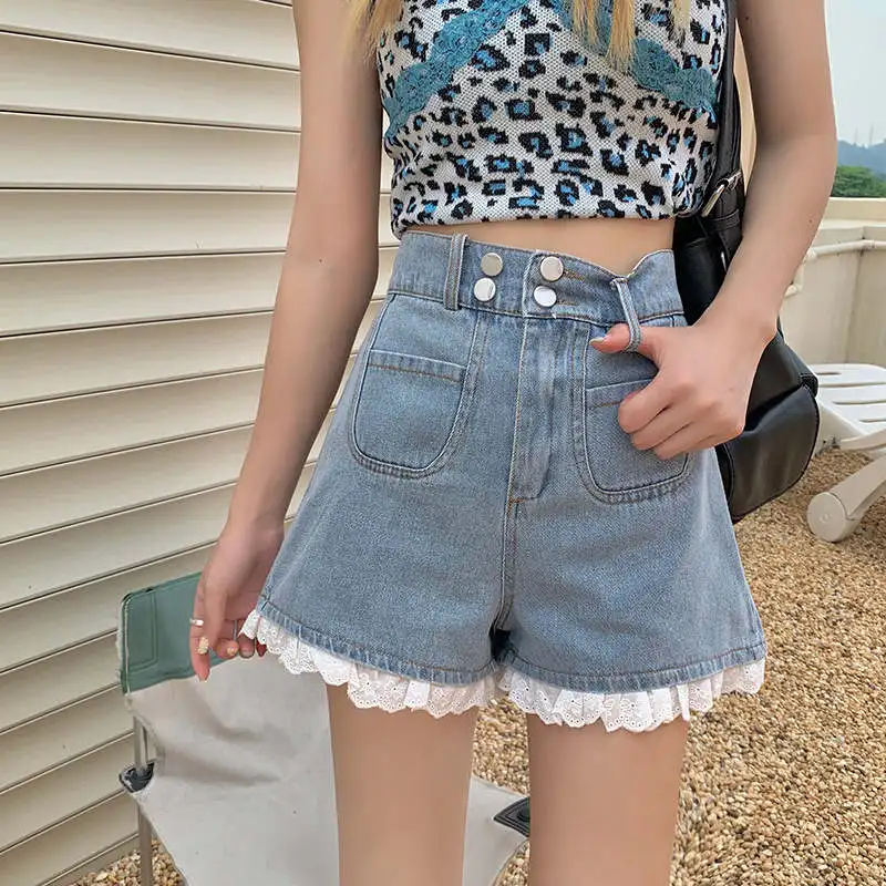 

Denim Shorts Women's Summer Loose Straight Wide Leg Lace Stitching High Waist Shorts Women Sexy Girls Casual Short Jeans C7481