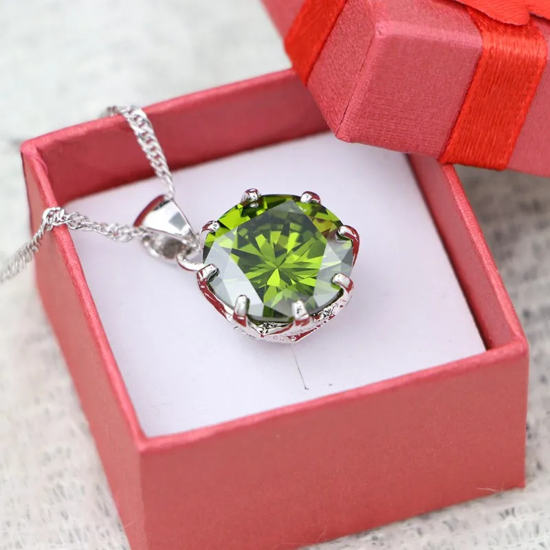 Silver 925 Round Pendant Necklace for Women Olive Green Cubic Zirconia White Crystal Wedding Accessories