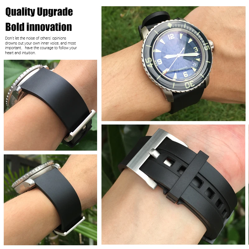 23mm Fluorine Rubber Silicone Watch band Replacement For Blancpain Fifty Fathoms Black Blue Soft Strap Stainless Steel Buckle