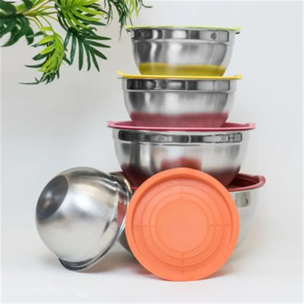 

5Pcs/Set Stainless Steel Mixing Bowls With Colorful Lids Kitchen Food Storage Egg Beater Salad Bowl Non-slip Bottom With Boxs