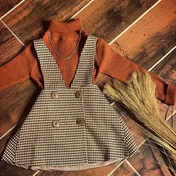 Kids Girls Autumn Fashion Clothes Set 2 Pieces Suit Solid Turtleneck Tops+Plaid Suspender Skirt Kids Sets Girls Clothes 1-6Y