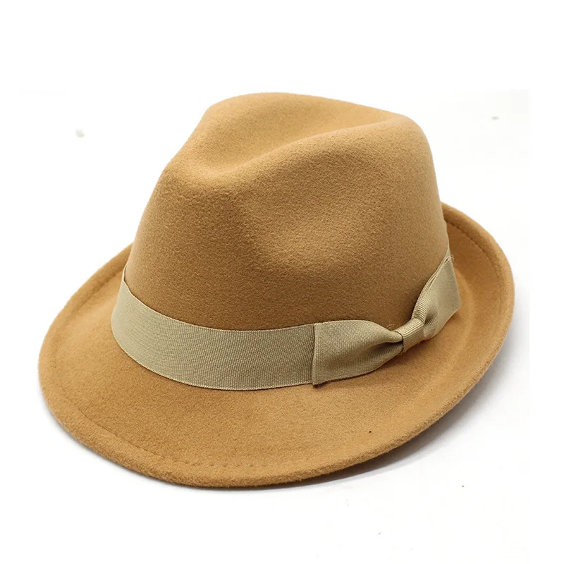 Women Bow Chain Fedora Hat Men Short Brim Wool Felt Jazz Fedora Hats Elegant Panama Trilby Cap wholesale