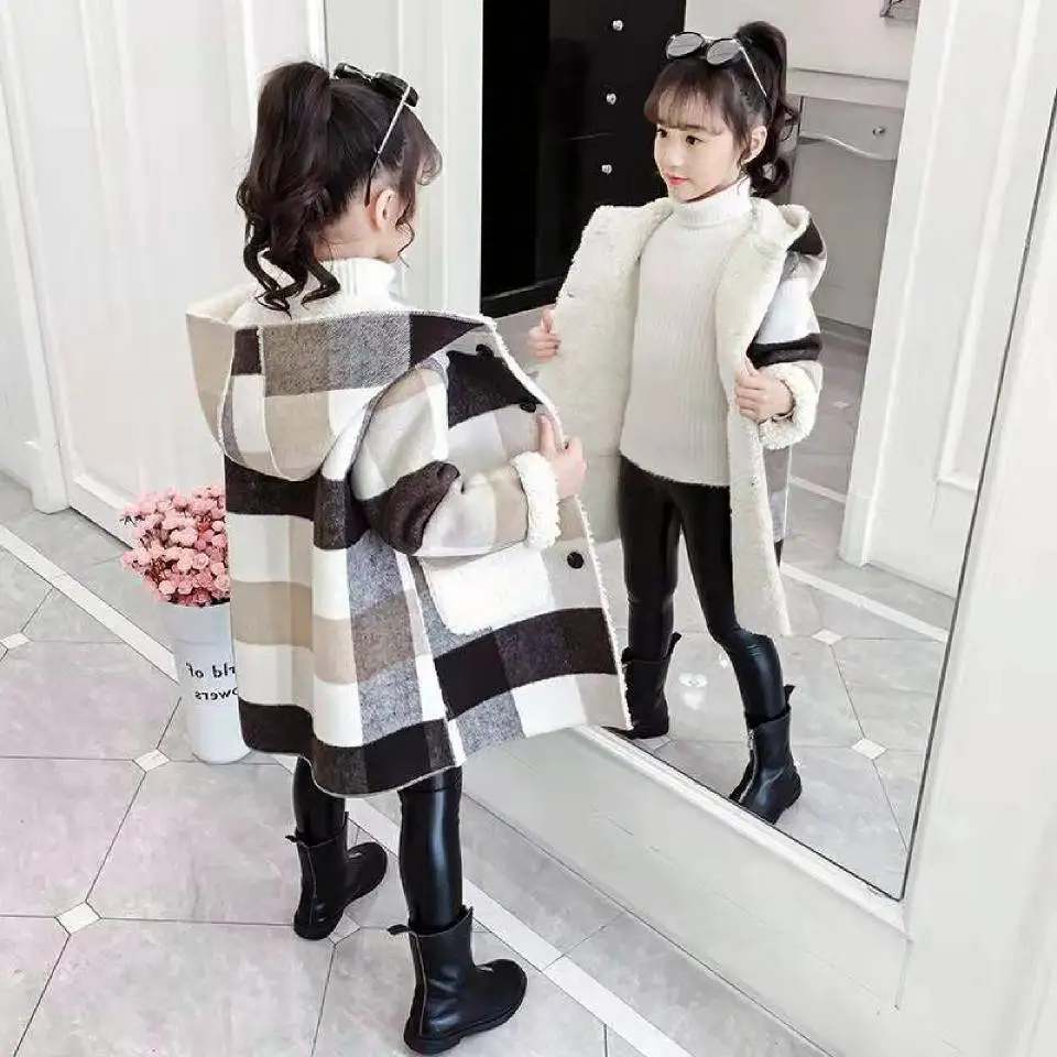 2024 Autumn winter Girls Casual Jackets Hooded Outerwear Fashion Woolen Long Coat Children Clothing Cute Baby Girls 8 10 12 year