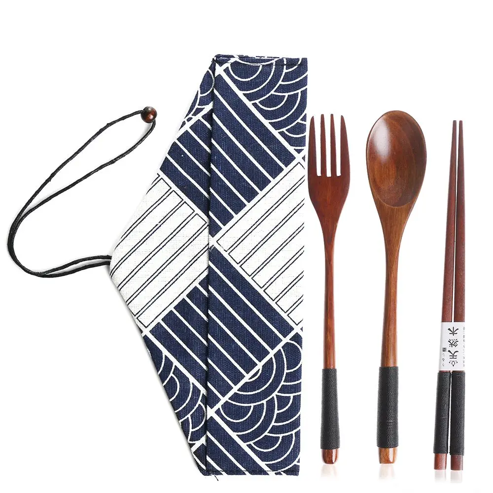 Japanese Style Cutlery Set Portable Wooden Natural Cloth Bag Spoon Fork Chopsticks