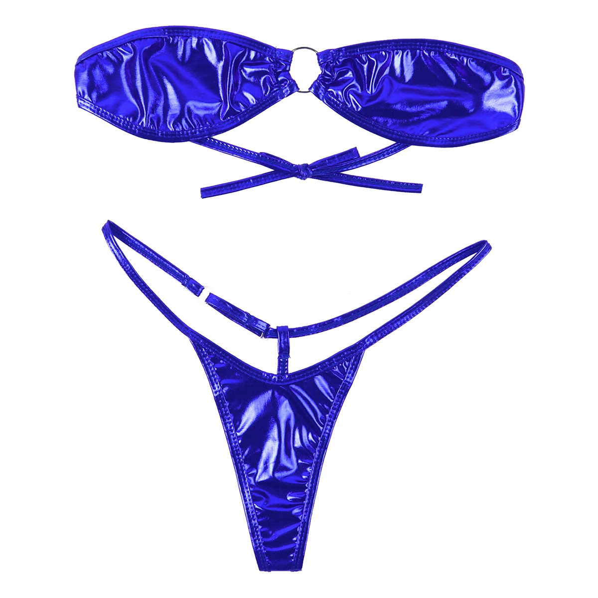 Tiaobug Vrouwen Glanzend Metallic Sexy Bikini Set Tie-Up Strapless Beha Mini Tops Met Thongs G-string Ondergoed Badmode Beachwear