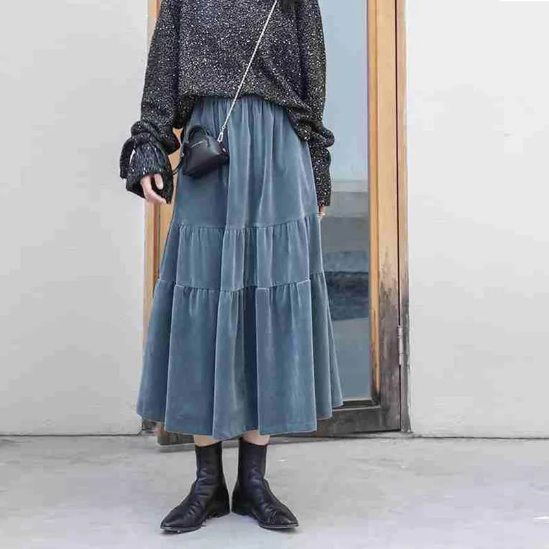 Velvet High Waist Long Skirt Women Autumn Winter Korean Black High Waist Pleated Skirt Vintage Korean Style Female Midi Saia