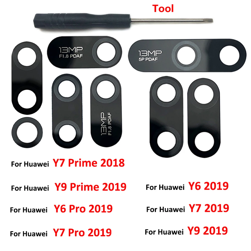 NOWOŚĆ Testowany obiektyw tylnego aparatu do Huawei Y6 Pro Y7 Pro Y7 Prime Y9 Prime 2019 Szklany obiektyw tylnego aparatu z klejem + narzędzie