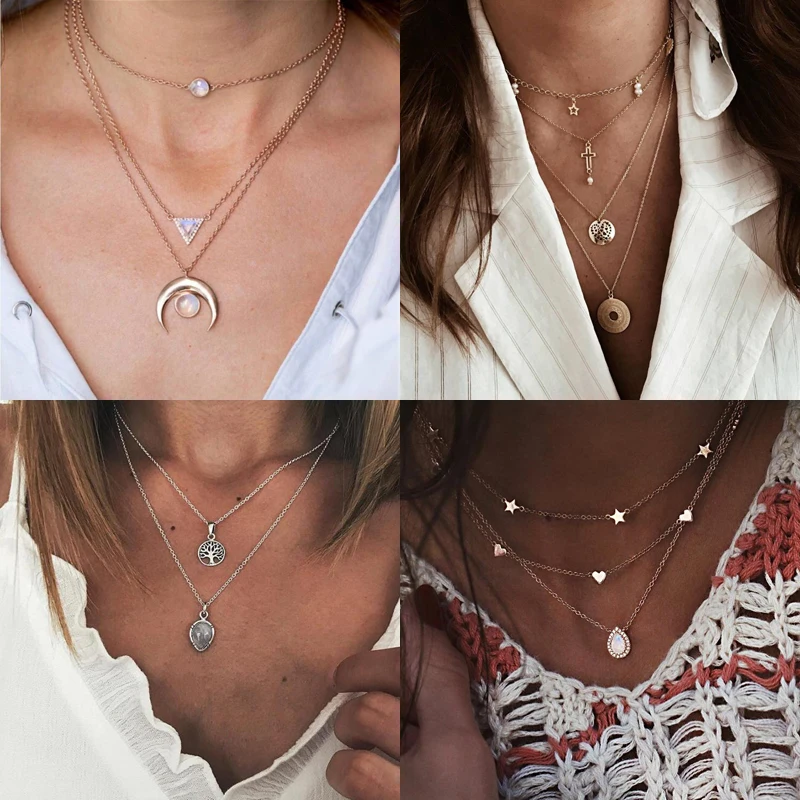 

Vintage Multilayer Necklaces & Pendants For Women Cross Round Moon Elephant Chain Necklace Boho Jewelry Fashion Accessories