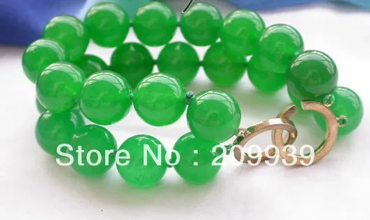 

Charming 2strands 8" 14mm green round jade bead bracelet