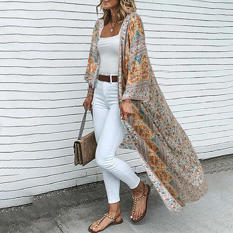 ZANZEA Summer Cardigan Kimono Women Bohemian Floral Printed Long Shirt Vintage Tops Casual Open Front Long Sleeve Beach Blouse