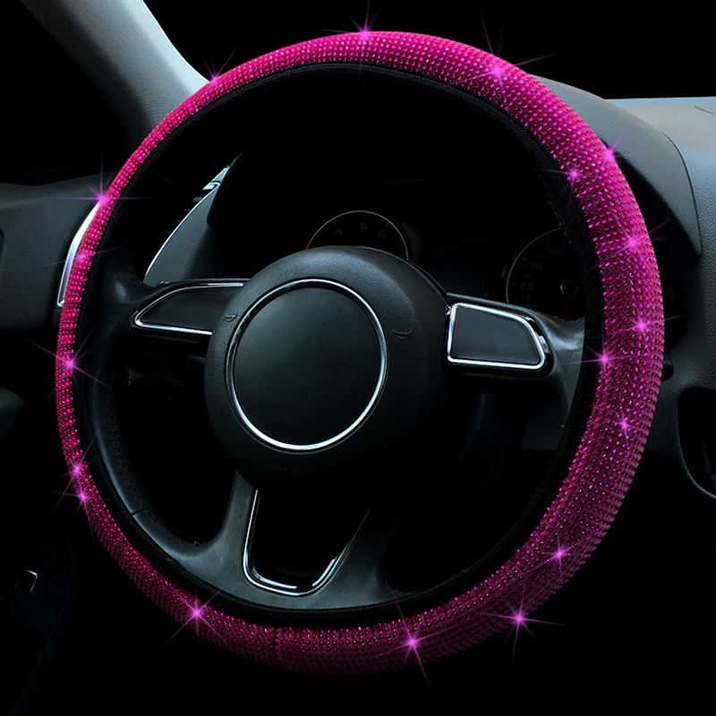 Car Steering Wheel Cover Bling Rhinestones Girls SUV Breathable Anti-Slip Universal Embossing Full Drill Car-styling