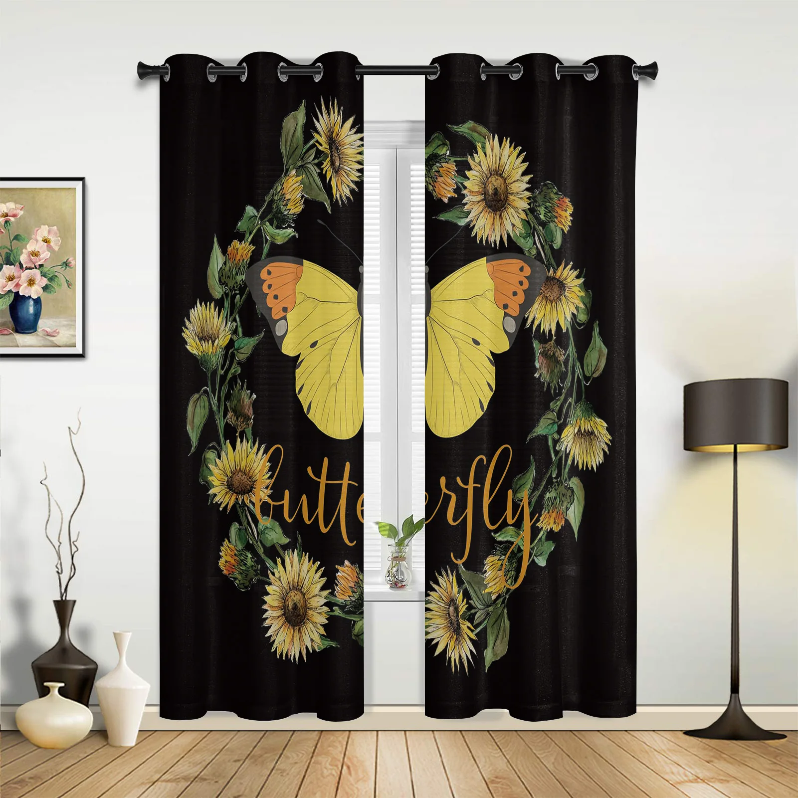 Living Room Curtains Butterfly Sunflower Wreath Modern Home Decor Bathroom Kitchen Bedroom Balcony Floor Valance Curtains