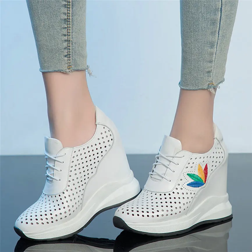 

Shoes Women Lace Up Genuine Leather Wedges Platform High Heel Ankle Boots Female Summer Breathable Fashion Sneakers Casual Shoes