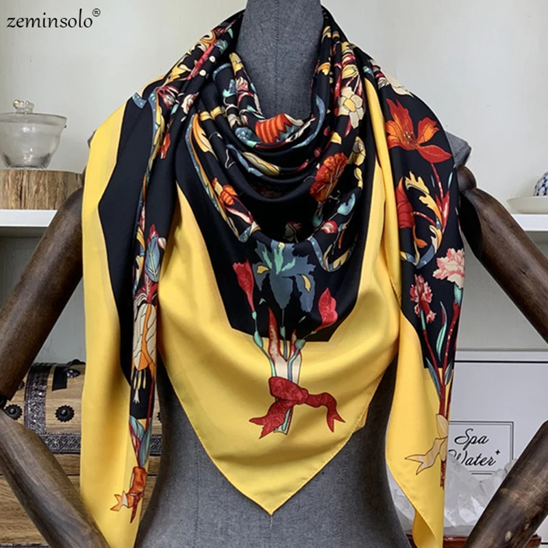 Bufanda cuadrada de sarga 130 para mujer, pañuelo de seda con estampado Floral, marca de lujo, 130 x 100% cm
