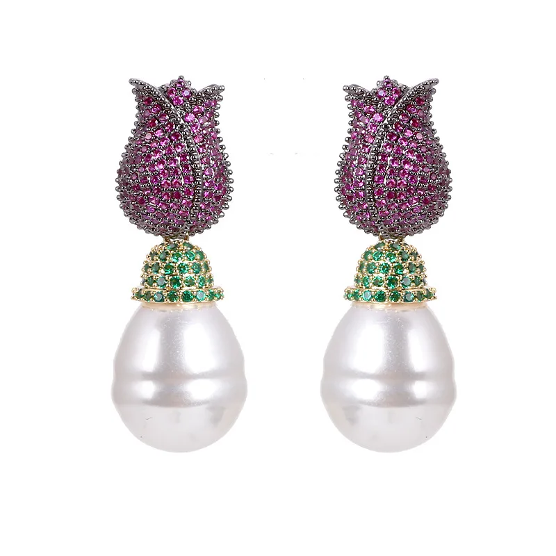 

EYER Luxury Rose And Pearl Pendant Drop Earrings AAA CZ Zircon Flower Wedding Fashion Jewelry Earirng For Women Birthday Gift