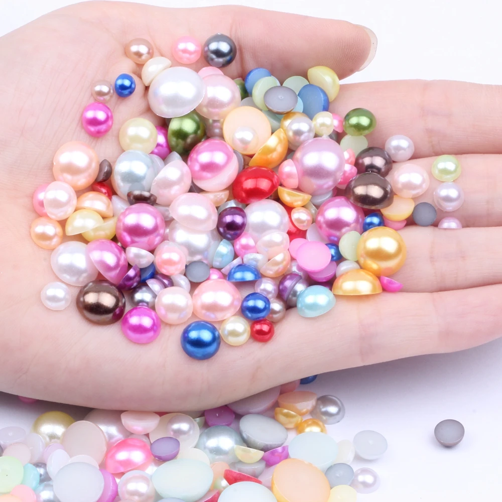 

5-12mm Mix Size Half Round Pearls 300pcs Many Colors Flatback Round Shiny Glue On Resin Beads DIY Jewelry Nails Art Decorations