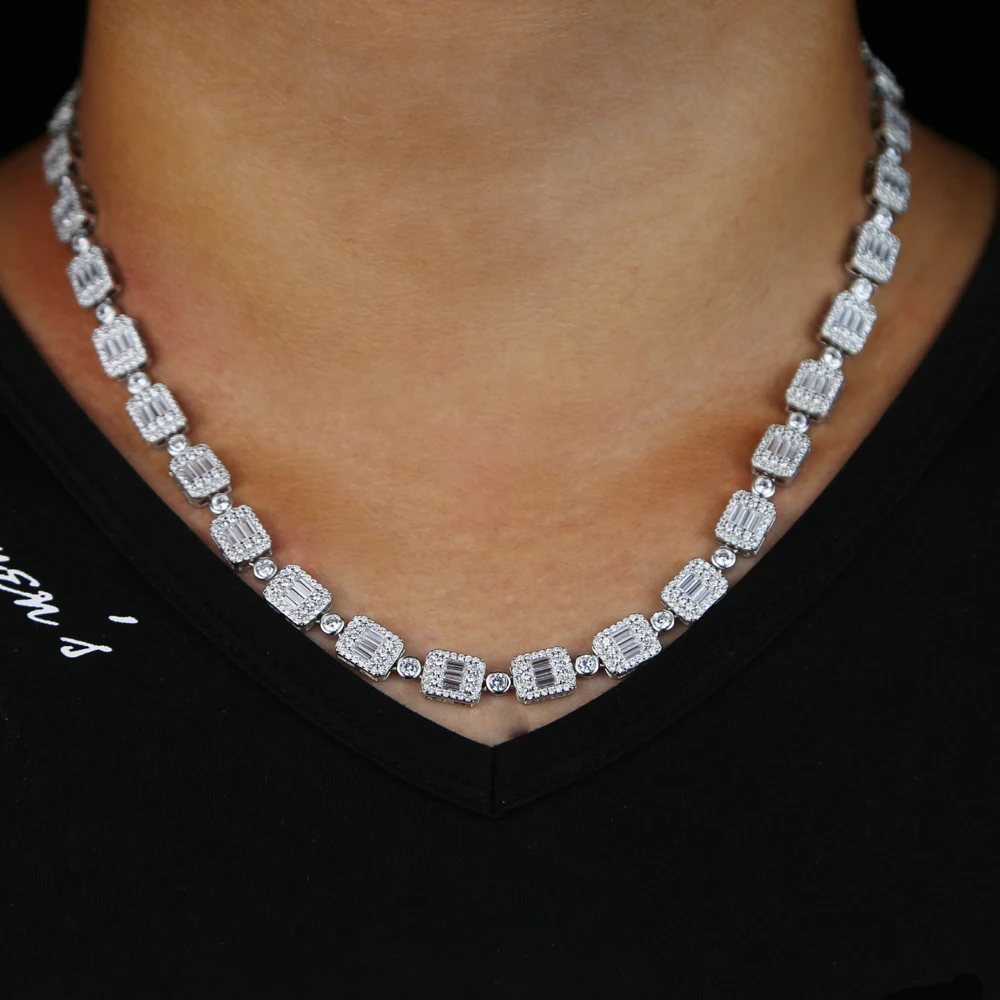 New Silver Color Full Cluster Link Necklaces 8MM CZ Iced Bling Chain Men Jewelry Full Cluster Tennis Chain Necklace