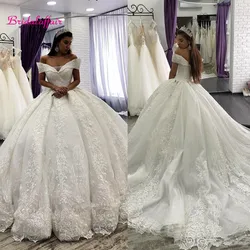 Arabic Lace Ball Gown Wedding Dresses Off the Shoulder Chapel Wedding Gowns Sequins Beaded Plus Size Bridal Dress
