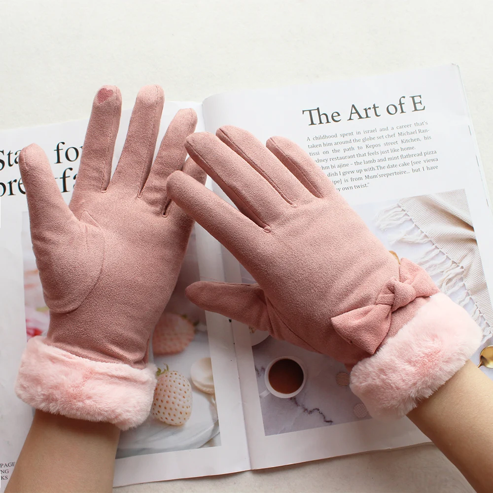 Guantes cálidos de invierno para mujer, protectores de manos de gamuza a prueba de viento y frío, color de pantalla táctil, moda de arco, engrosados