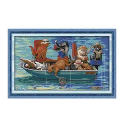 The fishing cats cross stitch set cartoon kit 14ct pre stamped DMC color stitching animal embroidery DIY handmade needlework