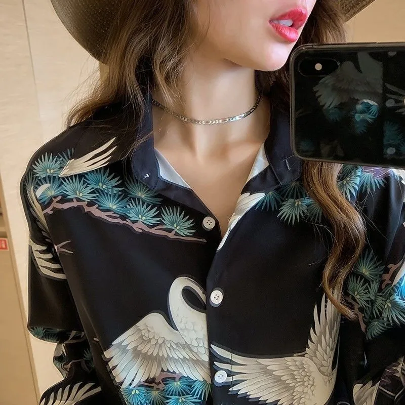 Fashion Woman 2021 Blouses Crane Tunic Print Long Sleeve Turn-Down Collar Ladies Chiffon Shirts Tops Blusas Mujer Plus Size