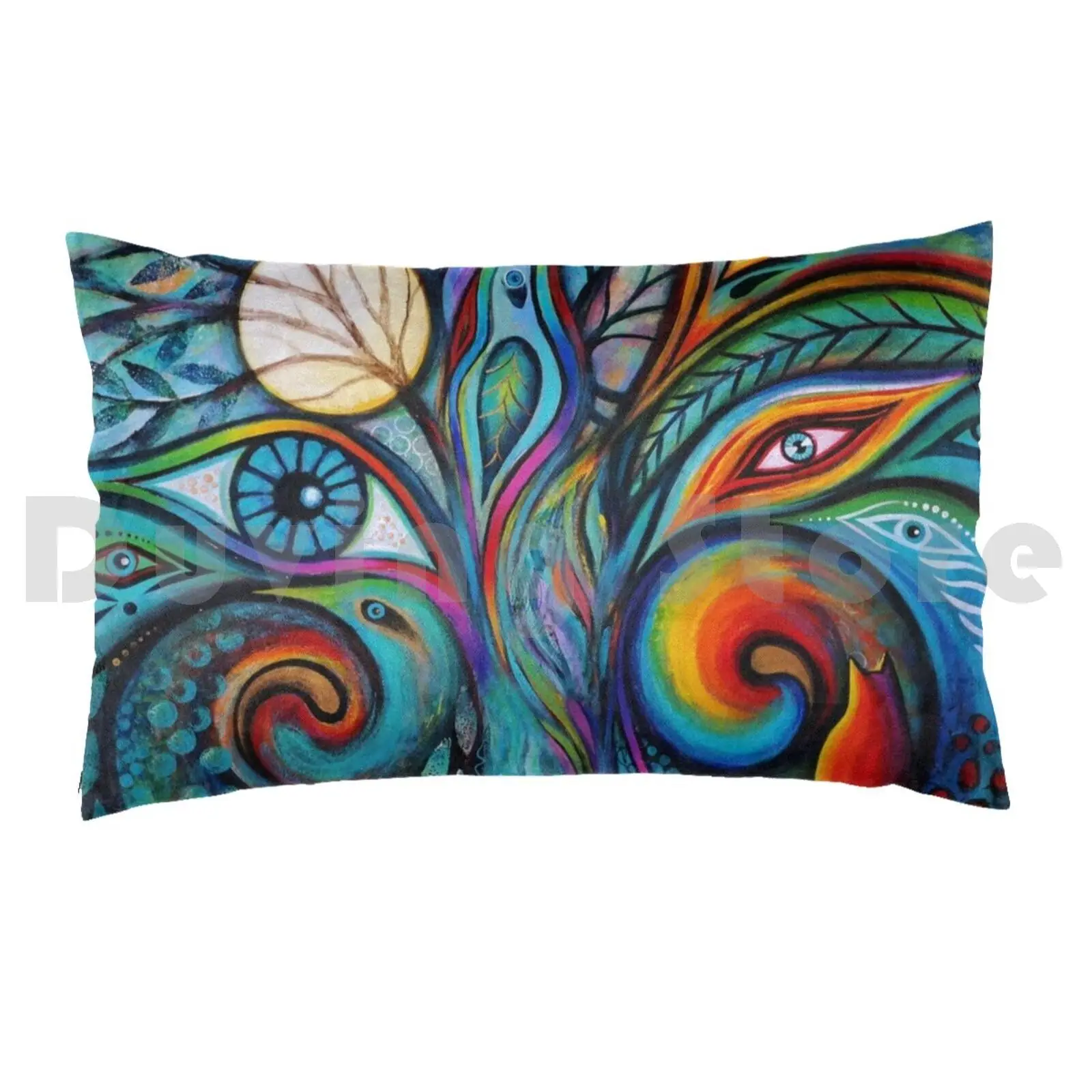 Moon Magic Pillow Case Printed 50x75 Tree Of Life Birds Spirits Cat Moon Visionary Art Abstract Surreal Dream