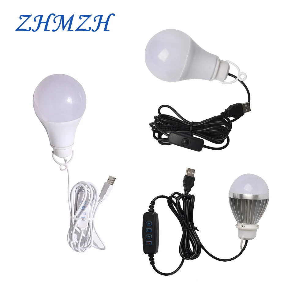 ZHMZH USB LED Bulb Stepless Dimming Brightness Three Color Switch Dimmable Hanging Lamp Light Bulb For Adapter Power Bank 10W