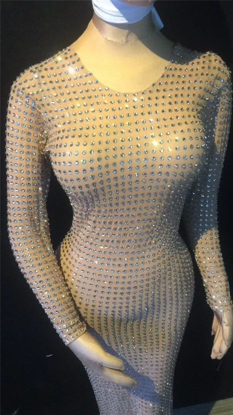 ผู้หญิงตอนเย็นวันเกิดฉลองชุดยาว Rhinestones ชุดไนท์คลับเวทีผู้หญิงนักร้องนักเต้นเครื่องแต่งกาย