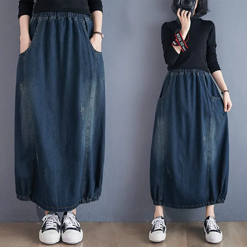 

2023 Spring Vintage Dark Blue Denim A-Line Skirt Women Fashion Casual Wild Loose Elastic Waist Jeans Saia Midi Mujer Falda y1401