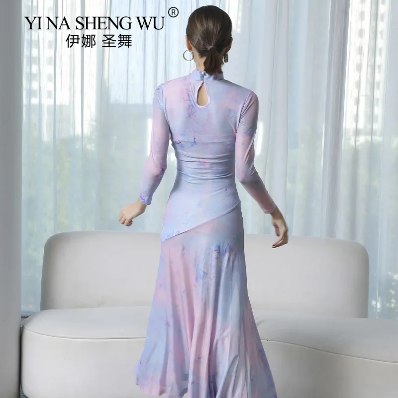 Cheongsam Stand-up Collar Classical Performance Clothing Mesh Printing Hollow Performance Clothing High Slit Practice Clothing