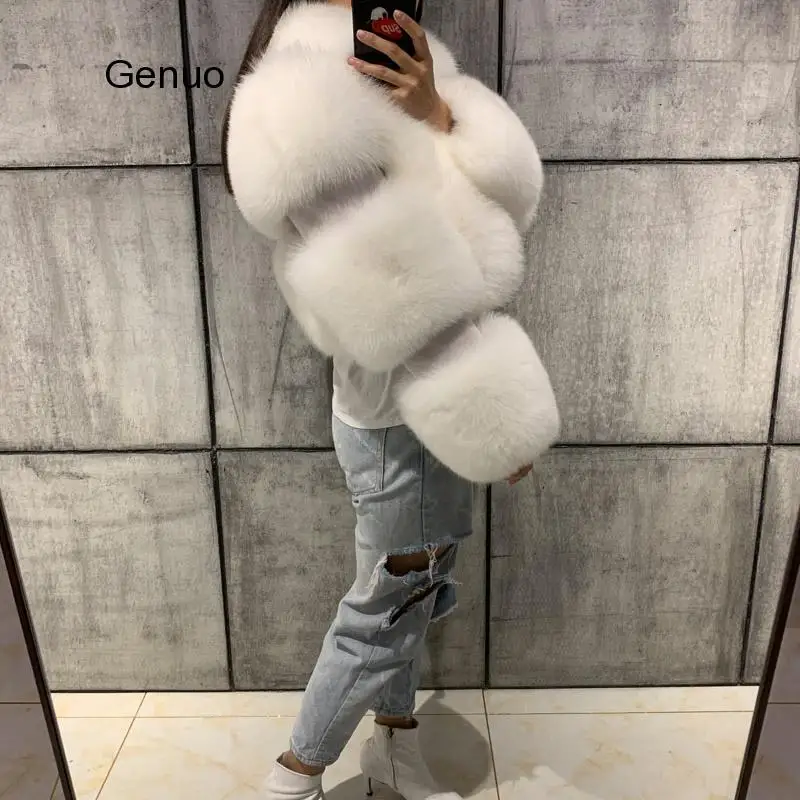 High Quality Furry Cropped Faux Fur and Leather Patchwork Jacket Women Faux Fur Short Coat Fake Fox Fur Outwear Winter Overcoat