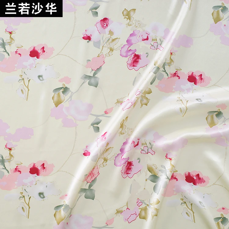 1 meter 100% Mulberry Silk 16mm Printed satin Silk Fabric light yellow floral 44\