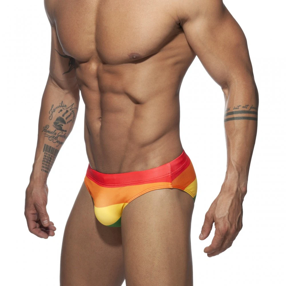 New Men Swimming Trunks Rainbow Print Bikini European And American Fashion Sexy Low Waist Beachwear 82% Polyester